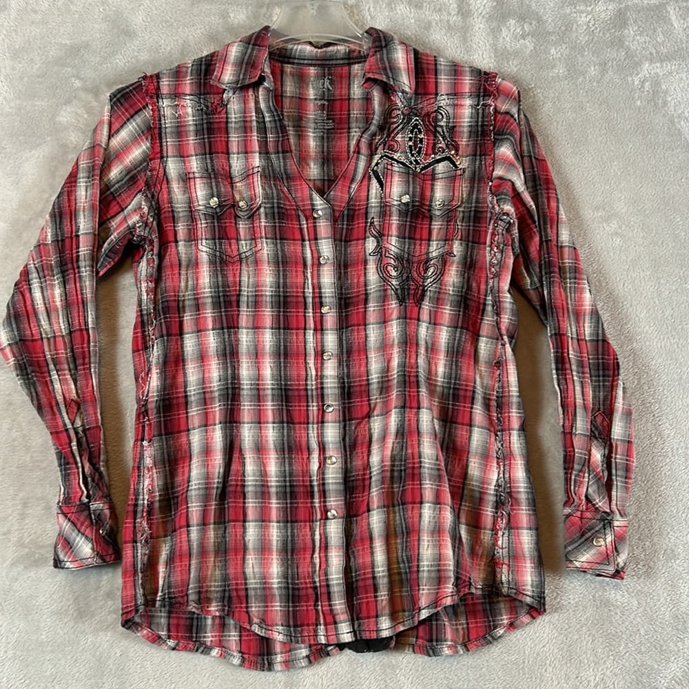 Wrangler rock 47 plaid embroidered bling snap down western shirt size L